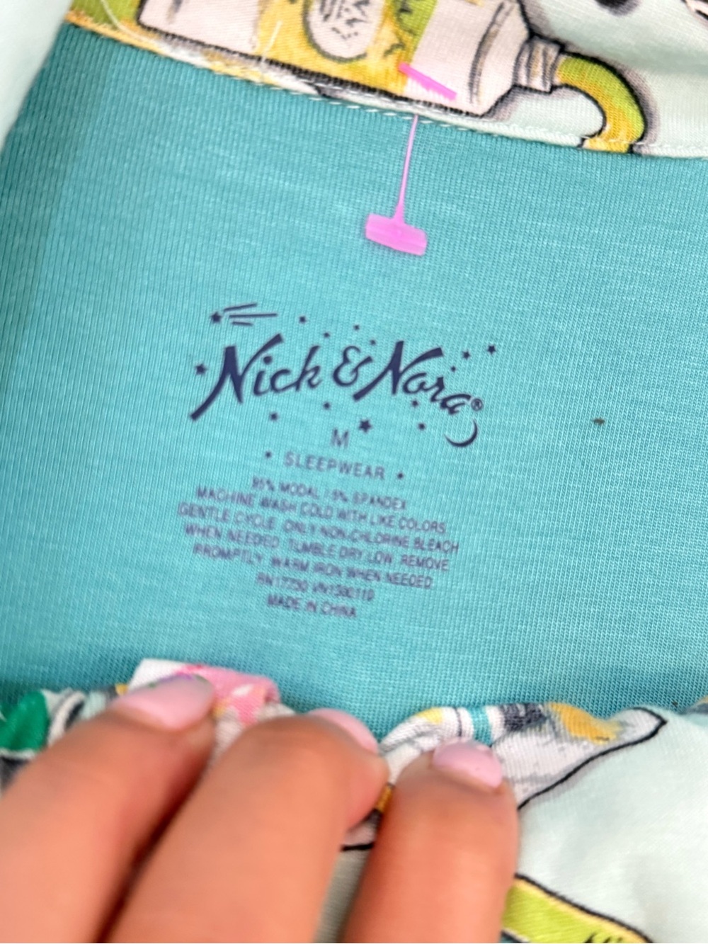 Nick & Nora Novelty Print Pajama Set Size Medium Aqua Lounge Sleepwear - Picture 3 of 6